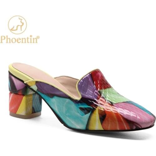 Phoentin mixed colors womens slippers with heels mules woman square heel shoes woman 2020 summer sandals natrue leather FT987