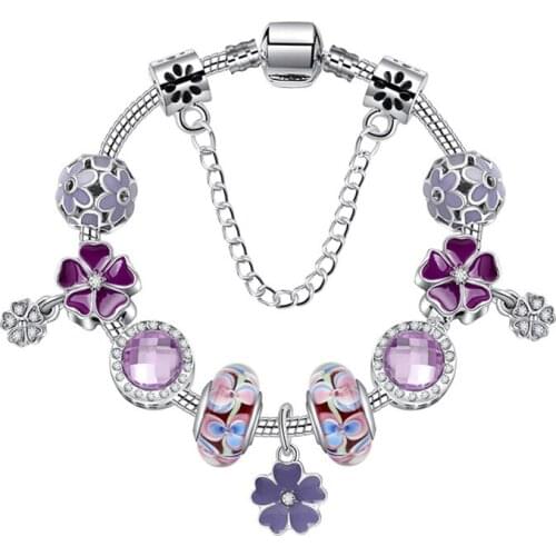 Purple Flower 925 Fashion Silver Charms Bracelet Snake Chain Bangle For Women Crystal Flower Beads Fit Brand Bracelets Jewelry