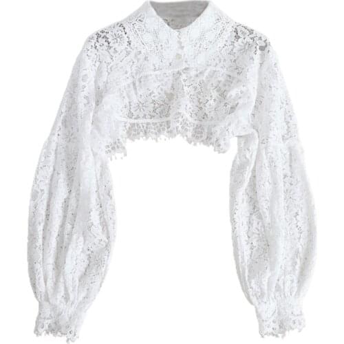 Women Puff Long Sleeve Lapel Half Top Eyelash Floral Lace Detachable Fake Collar