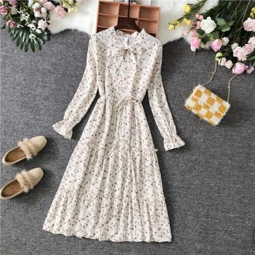 New 2020 Spring Autumn Vintage Floral Dress Women Korean Feminine Dresses Female Temperament Waist Long Sleeve Chiffon Dress 836