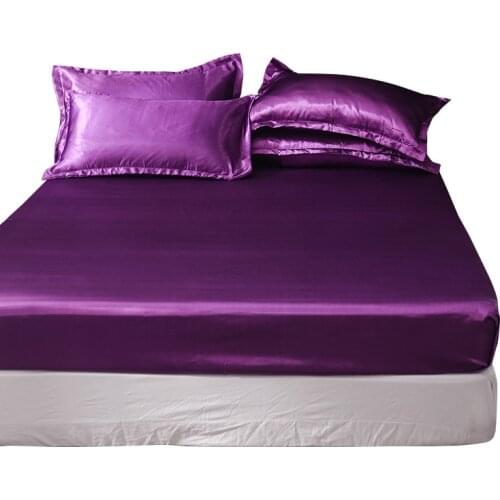 Purple 100% Satin Silk Bed Sheet Luxury Women Mattress Cover with Elastic Band High-End Solid Color Ice Silk Fitted Sheets 1pc
