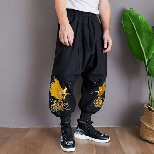 Chinese Style Dragon Embroidery Pants Men Japanese Streetwear Linen Pants Men Trousers Hip Hop Joggers Men Pants 2019 KK3227