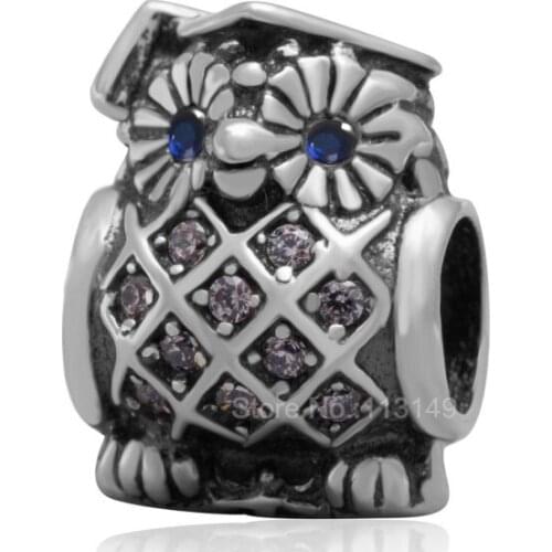 White And Blue Zircon Eyes Owl Design Authentic 925 Sterling Silver European Charm Beads For European Jewelry Making SZPB264