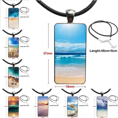 Sunset Sea Sky Sand Beach Landscape Jewelry With Steel Plated Glass Cabochon Choker Long Pendant Rectangle Necklace For Women