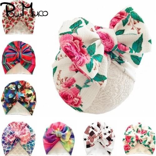 Powmuco 18*16 CM Fashion Printed Clover Infant Caps Handmade Bowknot Children Hats Cute Watermelon Fruits Pattern Baby Headwear