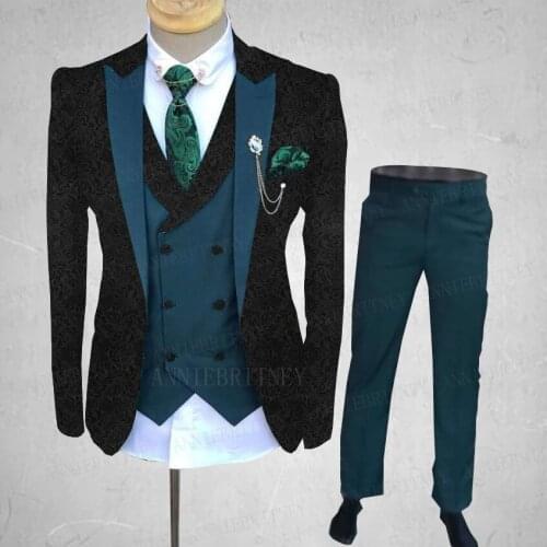 2021 Formal Black Jacquard Suit Men 3 Pieces Custom Made Slim Fit Groom Best man Wedding Dress Tuxedo Jacket Vest with Pants Set