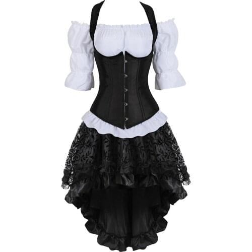 Corset 3 Piece Outfits for Women Steampunk Steel Boned Straps Bustiers with Skirt White Blouse Set Carnival Dance Party Costumes