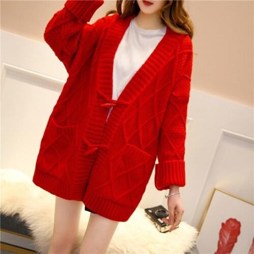 Red Thick Warm Knitted Sweater Women Student Tops Autumn Winter Fashion Plus size Loose Big Pocket Knit Cardigan Ladies Jumper