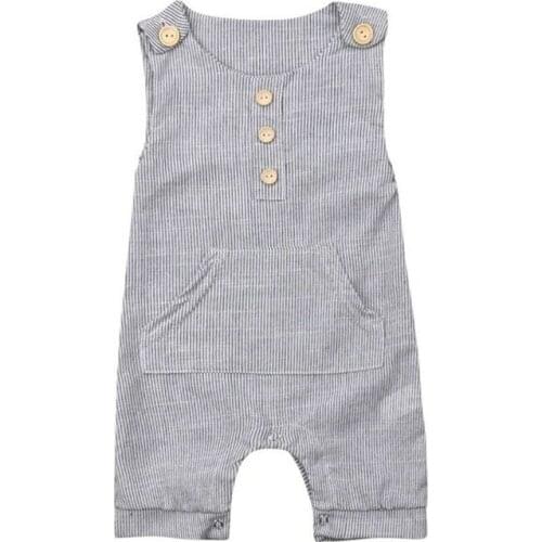 Summer Newborn Baby Boy Girl Outfit Clothes Solid Sleeveless Striped Single Breasted Romper Jumpsuit One-Piece