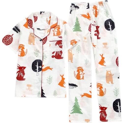 Summer Cotton Pijama Double Layer Gauze Squirrel Pijamas Women Short-Sleeved Trousers Pajamas Womens 2 Piece Pyjamas Sleep Tops