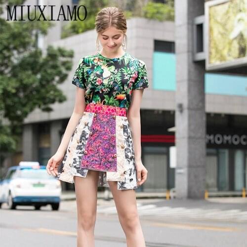 MIUXIMAO 2020 Office Lady Spring Twinset Elegant Flower Women Bloose Print Dress Diamonds 2 piece set Women Vestidos