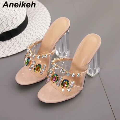 Aneikeh Summer Fashion Crystal Diamond Slides Clear PVC Transparent Slippers Women Shoes Peep Toe High Heels Mules Dress Pumps