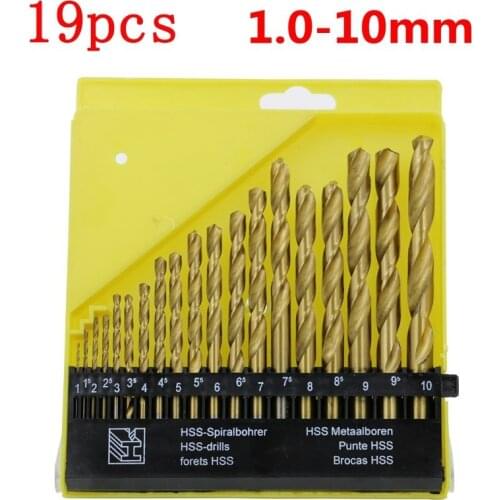 1-10mm Twist Drill Bit Set High Speed Steel Titanium Punch Drill HSS Titanium Coated Drill Wood Working Tool 19Pcs /Set