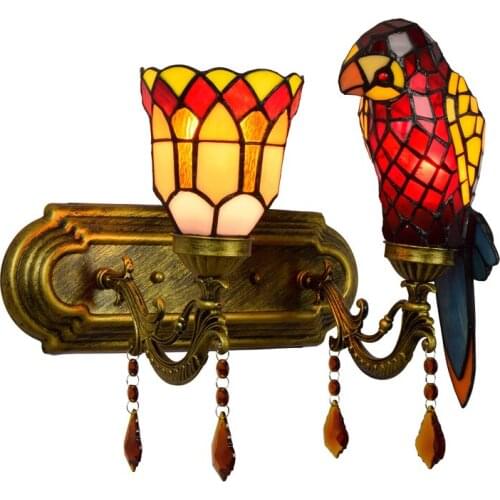 European Style Retro Parrot Bedroom Mirror Lamp Bedside Stained Glass Retro Pastoral Hotel Double Head Crystal Wall Lamps