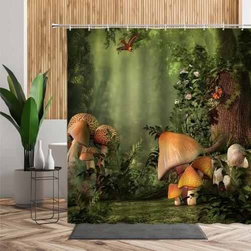 Natural Scenic Shower Curtains Set Mushroom House Forest Fairy Tale Fantasy Pattern Waterproof Multi-Size Scenery Bathroom Decor