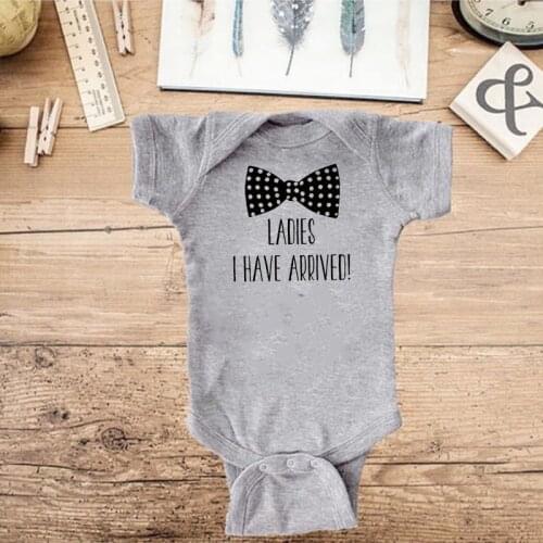 DERMSPE New Boys Girls Casual Summer Baby Boy Girl Short Sleeve Ladies I Have Arrived Bowknot Romper Newborn Baby Clothes Gray
