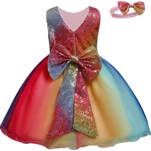 Toddler Baby Girls Rainbow Gradient Princess Dress Big Bow Sequined Colorful Birthday Party Sleeveless Frocks Kids Baptism Dress