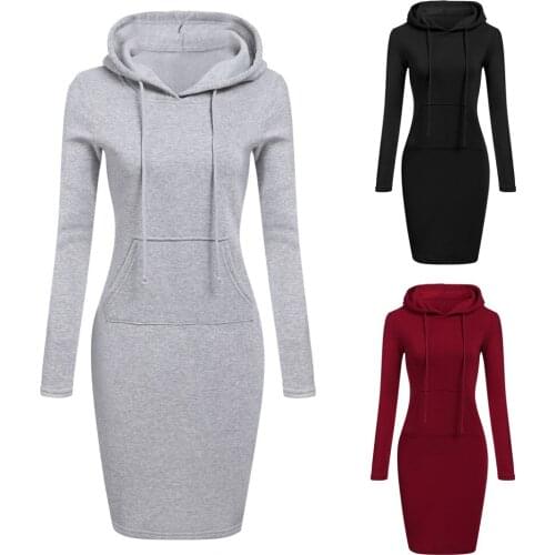 Autumn Winter Warm Sweatshirt Long-sleeved Dress Woman Clothing Hooded Collar Pocket Simple Casual lady Dress Vesdies Sweatshirt