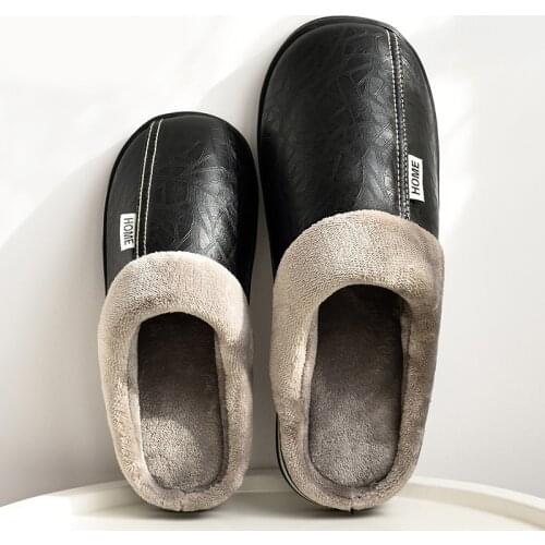 Pmoiste Women Winter Home Slippers Leather Waterproof Non slip Female slippers Male Plush Warm Indoor slippers for Ladies