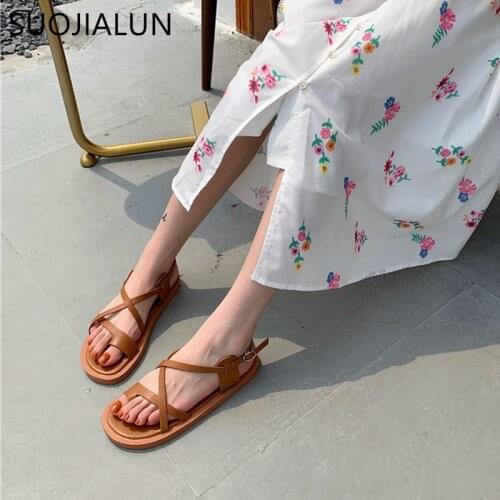 SUOJIALUN 2021 Summer Women Slipper Fashion Narrow Band Ankle Strap Gladiator Sandal Flat Heel Casual Outdoor Beach Slides Mujer