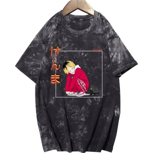 Cartoon Haikyuu Kenma Kozume Kuroo Tetsuro Print Loose Unisex Casual Tee Shirts Anime Top