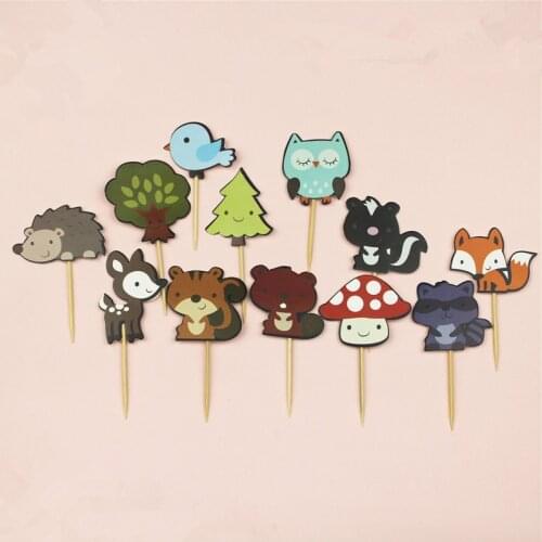 24pcs Forest Little Animals Cake Toppers Jungle Animal Cupcake Toppers for Kids Birthday Party Decorations Dessert Supplies
