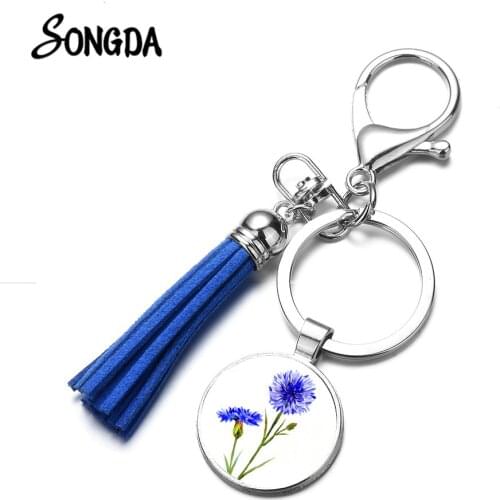 Blue Cornflower Charm Bag Key Ring Beautiful Flower Art Pictures Glass Crystal Leather Tassel Key Chain for Female Girls