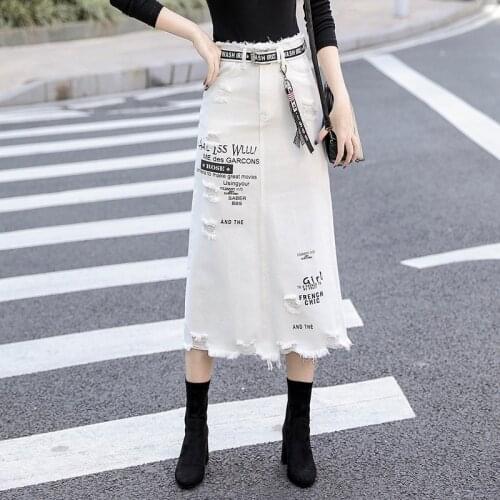 Women Front Hole Denim Skirt 2020 New Fashion Spring Summer Long Skirts High Waist Casual White Jeans Skirt Plus Size 5XL