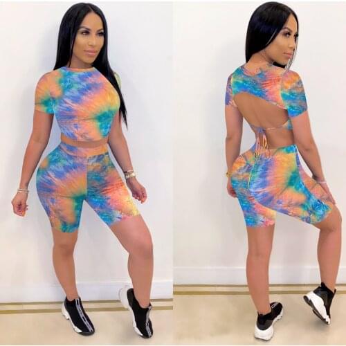 Tie Dye Print Women Short Sleeve Backless T-shirt Crop Top High Waist Shorts Pants Workout Tracksuit Summer Outfit 2pcs Set 2020