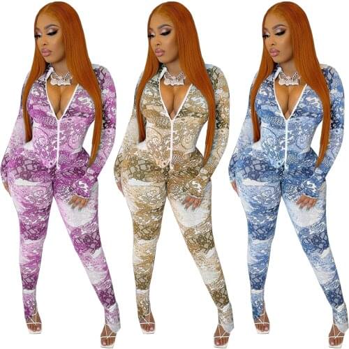 Casual Sportswear Print Long Sleeve Jumpsuit Women Sexy Fitness Zipper V Neck Pencil Pants Slim Bodycon Rompers Womens Jumpsuit
