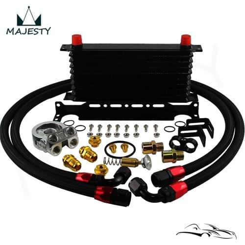 10 Row Engine Trust Oil Cooler w/ Thermostat 80 Deg Oil Filter Adapter Kit Blue/ Black