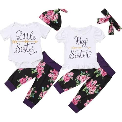 2018 3PCS Set Kid Baby Girls Little/Big Sister Family Matching Outfits Short Sleeve Romper T-shirt Top+Floral Pants Headwear Set