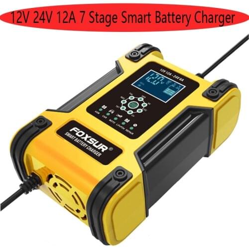 7 Stage Smart Car Battery Charger 12V 24V 12A Motorcycle Truck Full Automatic LiFePo4 Gel AGM Battery Charge With LCD Display