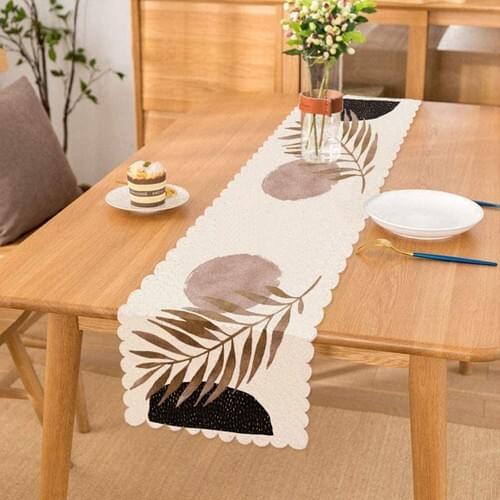 White Ground Abstract Drawing Moon and Leaf Motif in Modern Runner