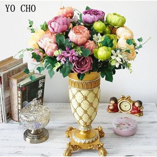YO CHO 12 Heads Peony Artificial Flores Bouquet Silk Fake Flowers Decoration Hotel Balcony Wedding Home Table Arrangement Floral