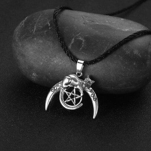 CHENGXUN Moon Cat Pentagram Pendant Necklace for Women Men Animal Kitty Charm Jewelry Unique Pentacle Unisex Necklace Gift
