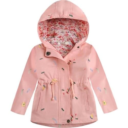 2021 Spring Autumn Girls Windbreaker Coat Jackets Baby Kids Flower Embroidery Mid-length Hooded Outwear Clothing 2-8Y