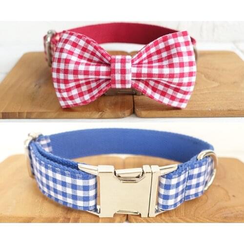 Customized Dog Collar Engraved Personalized ID Name tag Plaid Adjustable Puppy Small Medium Large Dogs Collar Necklace Bow tie