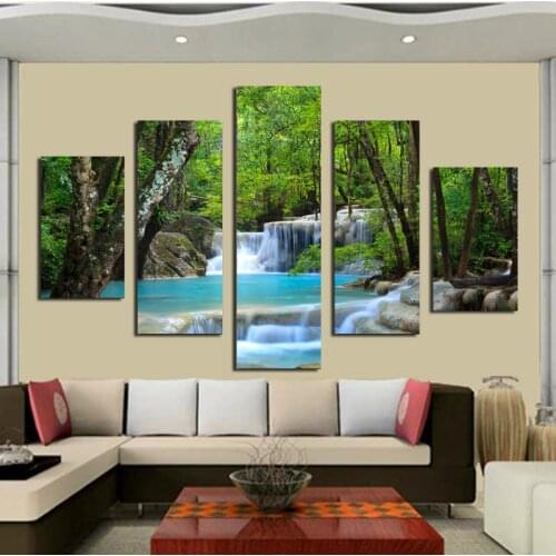Beautiful Waterfall Print Light Green Forest Natural Landscape Picture Canvas Paintings Creek Scenery Spring for Home Wall Decor