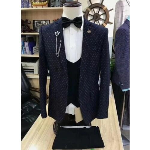 Classic Navy Blue Dots Blazer Black Vest Pant Groom Suits For Wedding 2021 Best Man Suits For Mens Suits Business Party Tuxedos