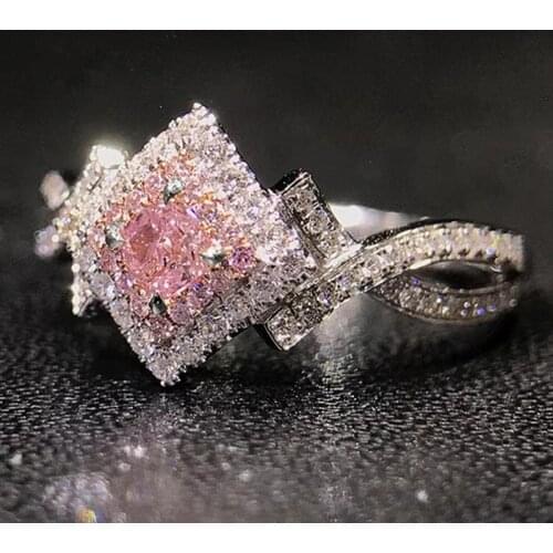 Fashion Micro Pave Crystal Female Jewelry Ring Pink Zircon Silver Color Rhombic Shape Engagement Rings Wedding Rings Party Rings