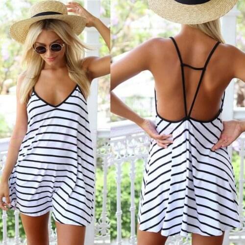 1pcs Fashion Female Summer Cool Black And White Stripes Loose V-neck Halter Dress