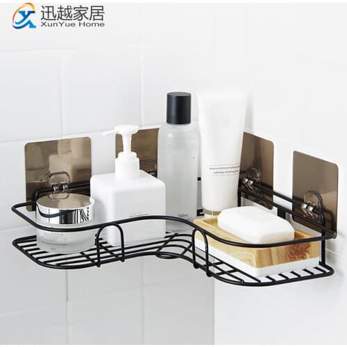Punch-Free Black Iron Shower Shampoo Holder Wall Corner Organizer Rack Bathroom Kitchen Accessories Hooks Hanging Shelves
