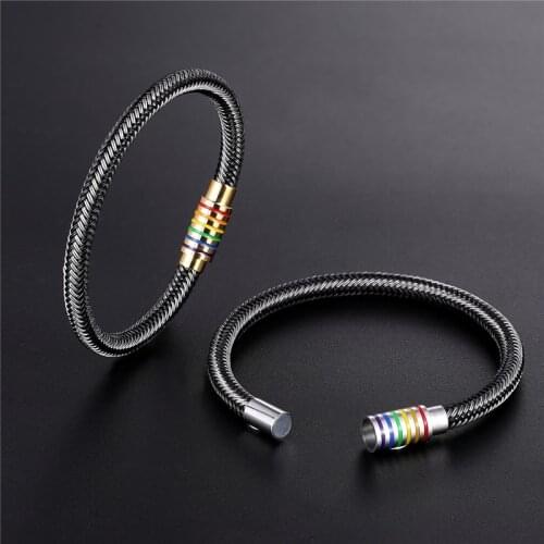 New Black/White Genuine Braided Leather Bracelet Women Men Stainless Steel Gay Pride Rainbow Magnetic Bracelet Gift Pulseira