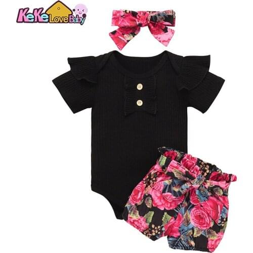Newborn Baby Girls Summer Infant Clothes Cotton Solid Short Sleeve Ruffles Romper Casual Shorts Headband New 3Pcs Outfit Set