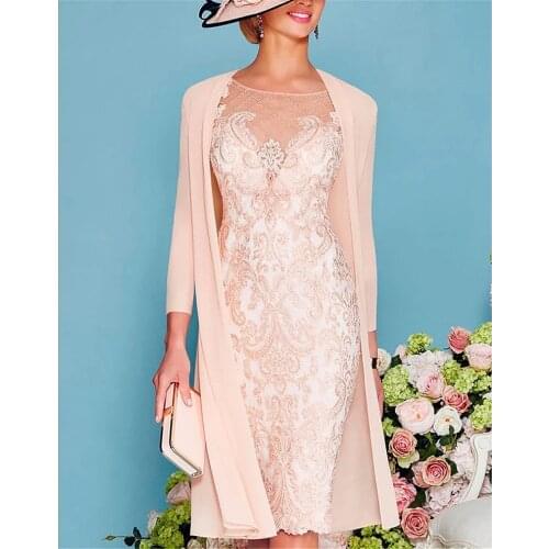 Pink Chiffon Mother Of The Bride Dress With Jacket Knee-Length 3/4 Sleeve Lace Retro Wedding Guest Forma Evening Groom Gowns New