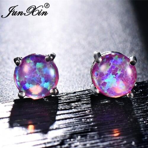 JUNXIN 6MM Round Rainbow Fire Opal Stud Earrings For Women Silver Color Purple/Blue/Pink Opals Birthstone Earrings