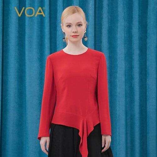 VOA 41m/m Silk Frosted Wrinkled Big Red Round Neck Zipper Irregular Hem Loose Straight Long Sleeve T-shirt Woman Tshirts BE295