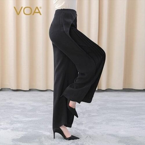 VOA Silk 30m/m Heavy Classic Black Mid-waist Decorative Button Jacquard Crashing, Folding and Splicing Straight Trousers KE258