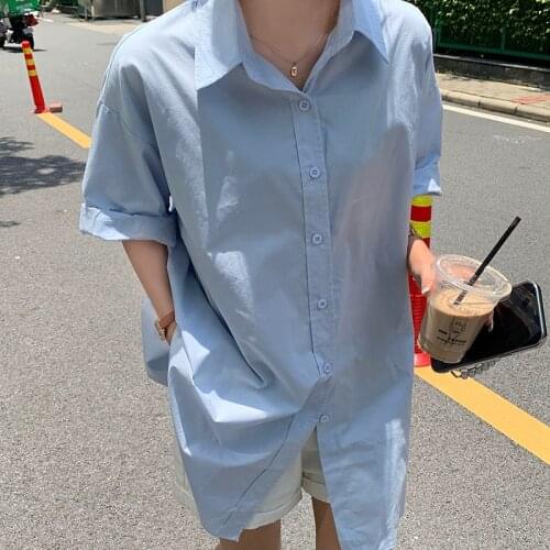 Womens clothing Cotton cowboy Loose Feminin Short-Sleeved 2021 New Vintage Womens Shirt Casual Blouse Women Tops Female